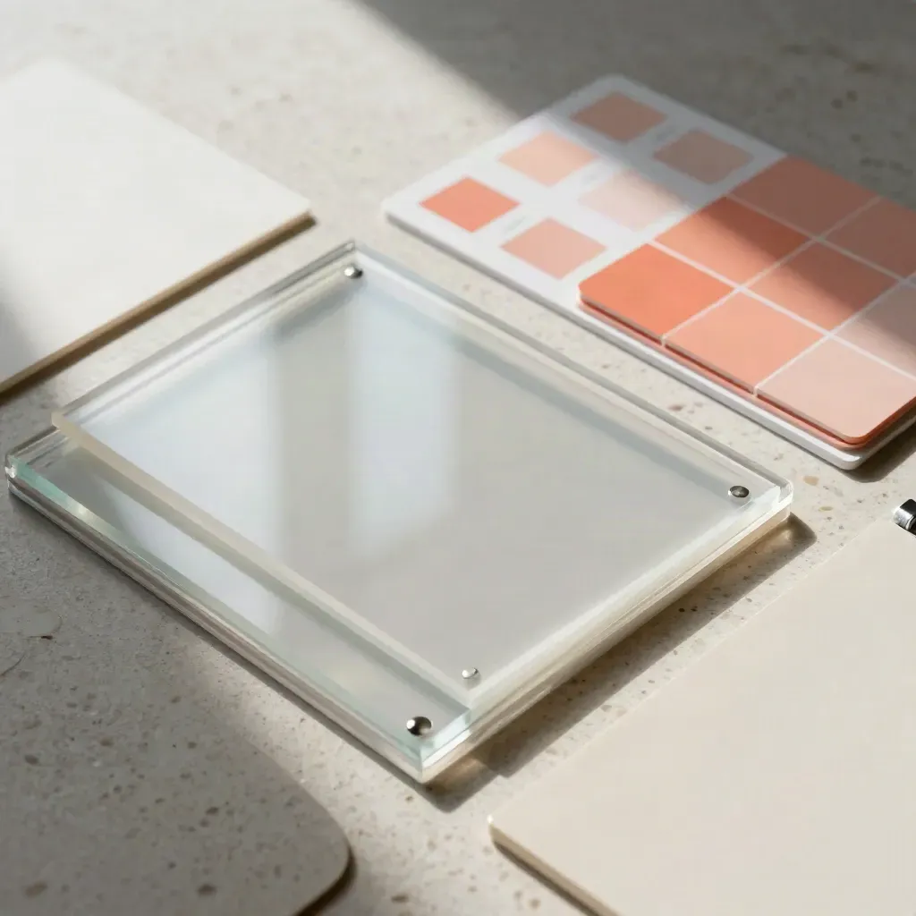 Overhead view of acrylic blocks, swatch chips, and grid cards on travertine.