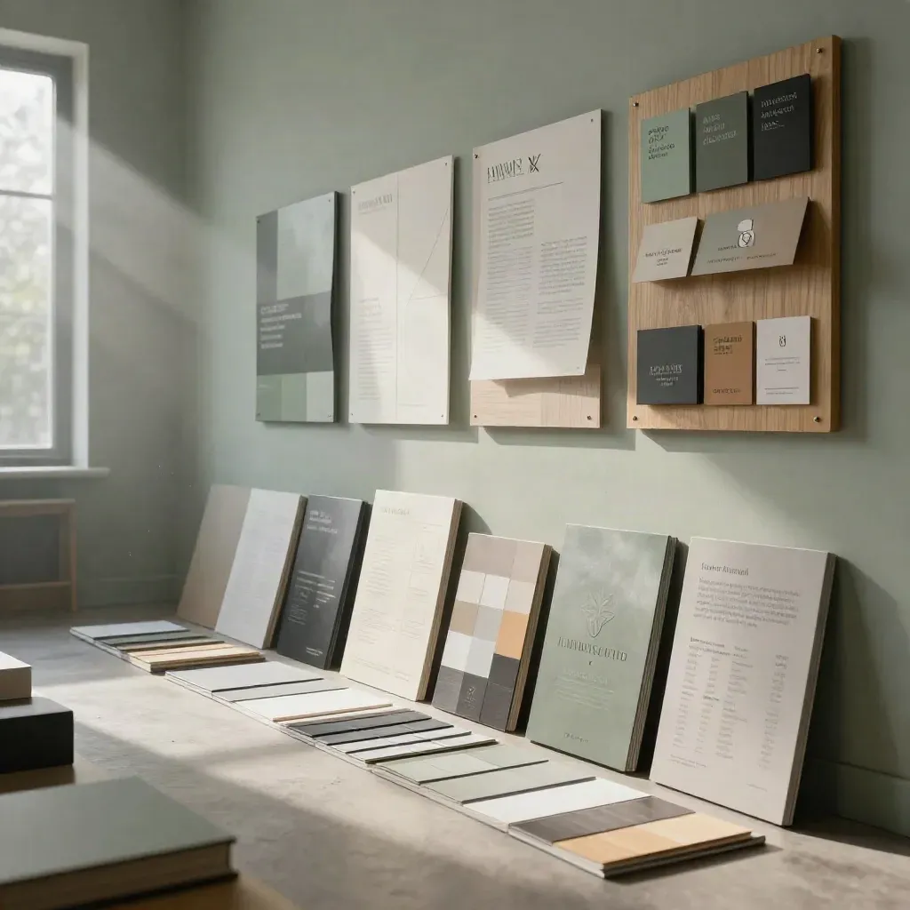 Moody brand studio interior with swatch walls, identity boards, and launch kit in diagonal light.