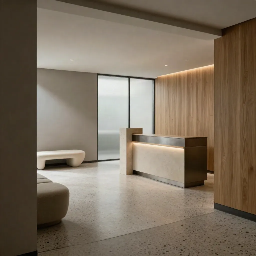Empty renovated clinic reception with frosted glass, sculptural seating and a sleek check-in kiosk.
