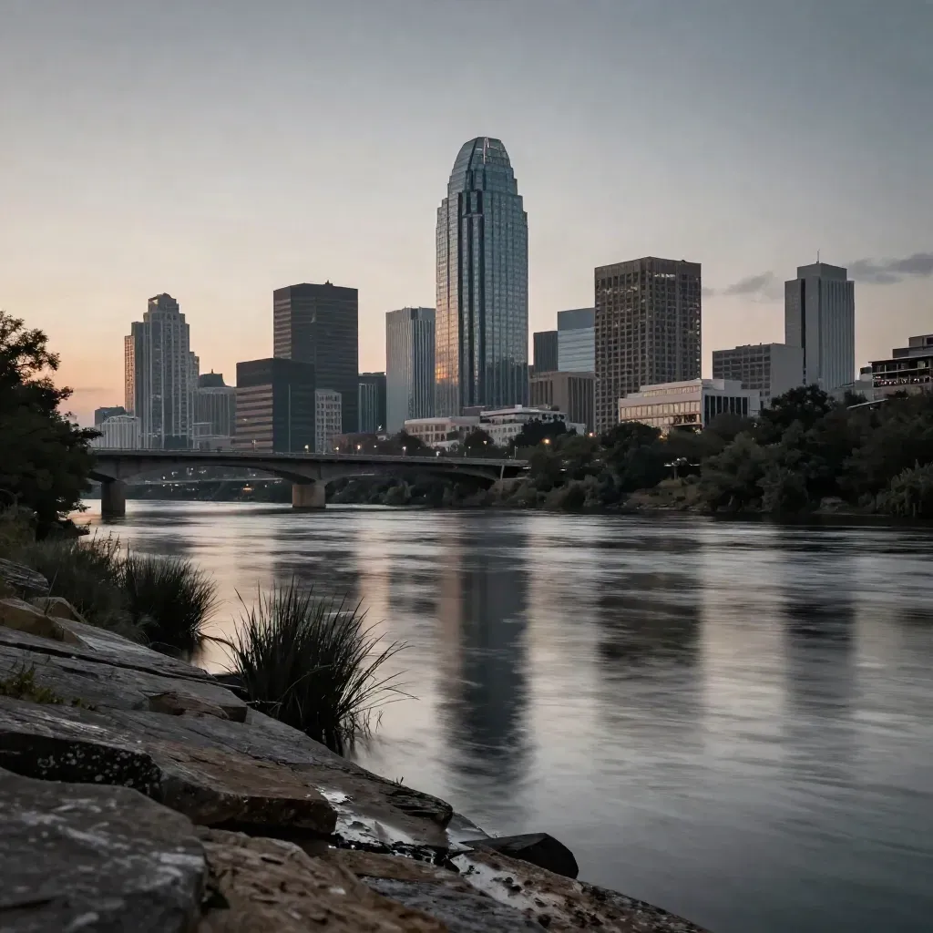Austin skyline and bridge over calm river at blue hour with haze.