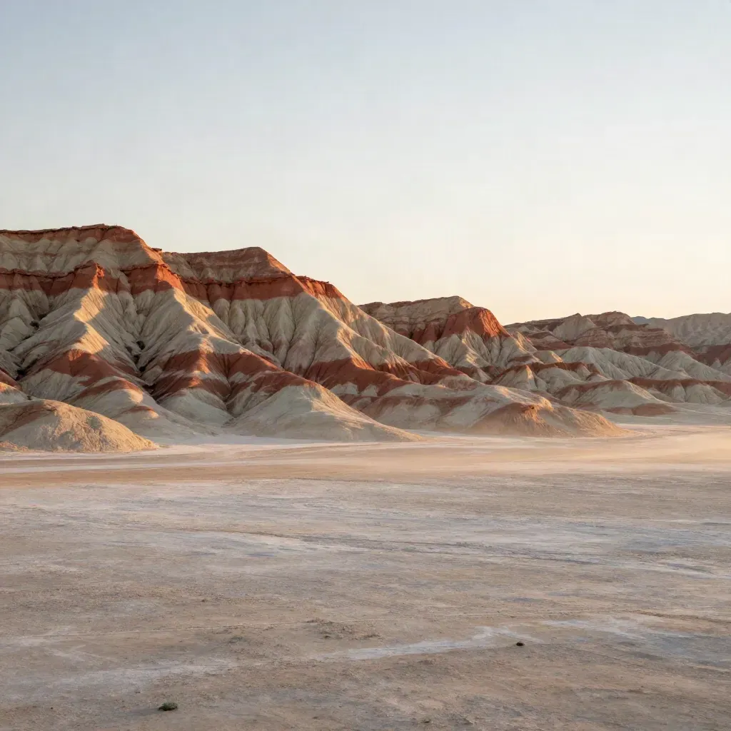 West Texas mesas under a vast hazy sky with calm pale land below for headline copy.