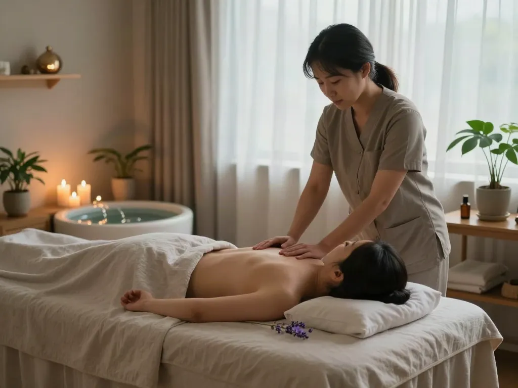 Tranquil scene of a therapist delivering 분당출장마사지 treatment in a calming home spa environment, enhancing relaxation.